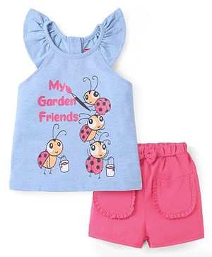Babyhug Single Jersey Knit Frill Sleeves Halter Neck Top & Shorts Set with Ladybird Print - Light Blue & Dark Pink