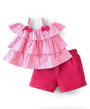 Babyhug Single Jersey Knit Cold Shoulder Sleeeve Top & Shorts Set with Polka Dots & Bow Applique - Dark Pink