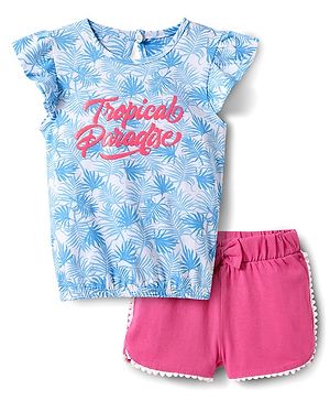 Babyhug Single Jersey Knit Frill Sleeves Top & Shorts Set with Tropical Theme Puff Print & Bow Applique - Light Blue & Pink