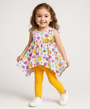 Babyhug Single Jersey Knit Sleeveless Fruits & Floral Printed Top & Leggings Set with Bow Applique - Yellow & White