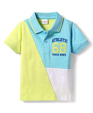 Babyhug Cotton Knit Half Sleeves Cut & Sew Polo T-Shirt With Athletic Text Embroidery - Limegreen & Light Blue
