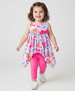 Babyhug Single Jersey Knit Sleeveless Top & Leggings Set with Floral Print & Bow Applique - Pink & White