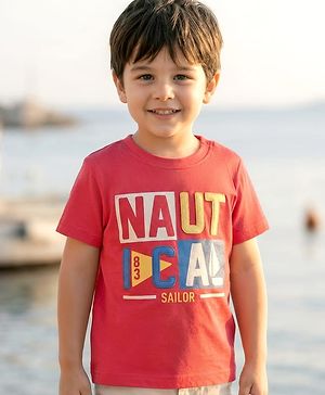 Babyhug Cotton  Knit Half Sleeves T-Shirt With Nautical Text Print - Red