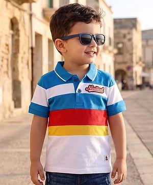 Babyhug Cotton Knit Half Sleeves Cut & Sew Polo T-Shirt With Stripes & Nautical Text Print Badge - Blue & White