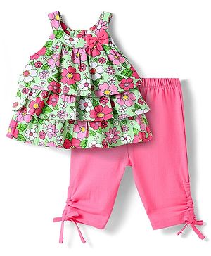 Babyhug Single Jersey Knit Sleeveless Top & Legging Set With Floral Print - Pink