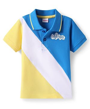 Babyhug Cotton Knit Half Sleeves  Cut & Sew Polo T-Shirt With California Text Print - Blue & Yellow