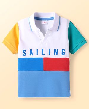 Babyhug Cotton Knit Half Sleeves  Cut & Sew Polo T-Shirt With Sailing Text Print - Blue & Yellow