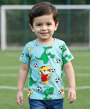 Babyhug Cotton Knit Half Sleeves T-Shirt with Animal Print - Aqua Blue