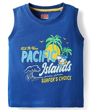 Babyhug Cotton Knit Sleeveless Tank T-Shirt With Pacific Island Text Print- Navy Blue