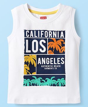 Babyhug Cotton Knit Sleeveless Tank T-Shirt With Los Angeles Text Print - White