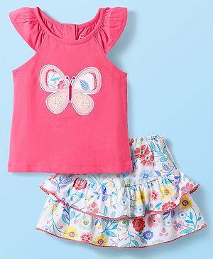 Babyhug Single Jersey Knit Sleeveless Top & Skirt Set With Floral Print & Butterfly Embroidery - Dark Pink & White