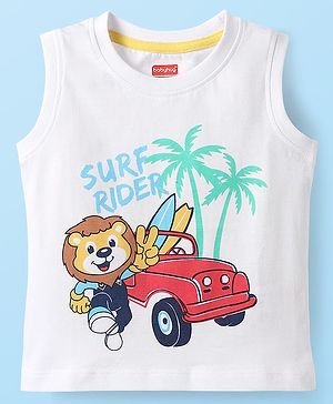 Babyhug Cotton Knit Sleeveless Tank T-Shirt With Animal & Surf Rider Text Print - White
