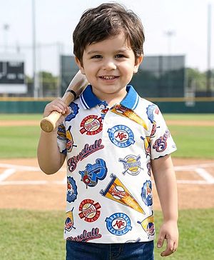 Babyhug 100% Cotton Knit Polo T-Shirt with Baseball Theme Print - White