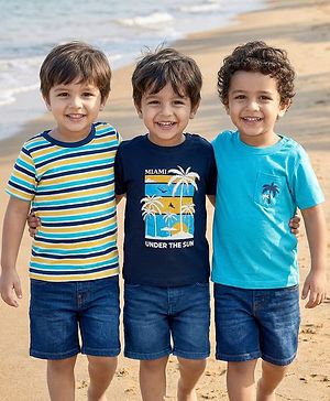 Babyhug Cotton Knit Half Sleeves T-Shirts with Tropical Theme Print & Stripes Pack of 3 - Navy & Aqua Blue