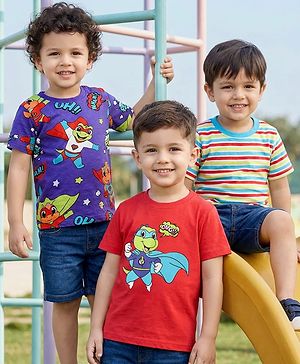 Babyhug Cotton Knit Half Sleeves T-Shirts with Dino Print & Stripes Pack of 3 - Navy Blue & Red