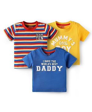 Babyhug Cotton Knit Half Sleeves T-Shirts with Text Print & Stripes Pack of 3 - Yellow Blue & White