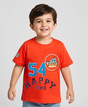 Babyhug Cotton Knit Half Sleeves T-Shirts With Badge Detailing & Happy Time Text Print - Orange