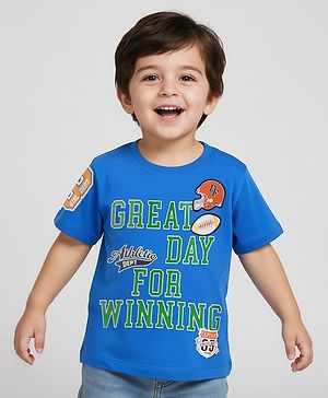 Babyhug Cotton Knit Half Sleeves T-Shirt With Great Day For Winning Text Print - Blue