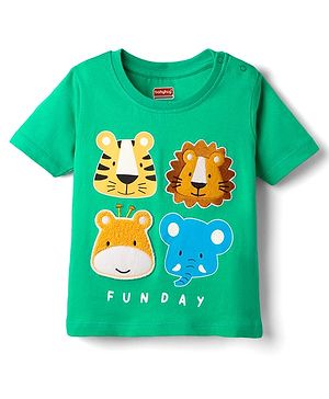Babyhug Cotton Knit Half Sleeves T-Shirt with Animal Print & Patch Detailing - Green
