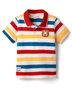 Babyhug Cotton Knit Half Sleeves Striped Polo T-Shirt With Animal Badge Detailing - Red & White