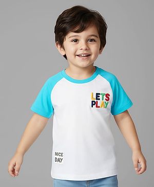 Babyhug Cotton Knit Half Raglan Sleeves Oversized T-Shirt With Lets Play Embroidery Text Print -Light Blue & White