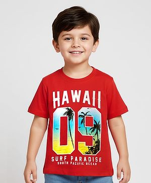 Babyhug Cotton Knit Half Sleeves T-Shirt With Hawaii Text Print - Red