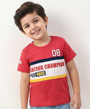 Babyhug Cotton Knit Half Sleeves T-Shirt with Racing Champion Print - Red & White
