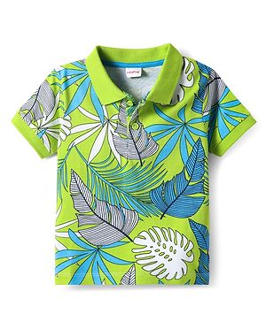 Babyhug Cotton Knit Half Sleeves Polo T-Shirt With Leaves Print - Green & Blue