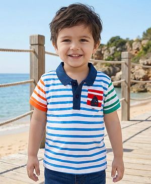 Babyhug Cotton Knit Half Sleeves Polo T-Shirt With Stripes - Blue & White
