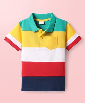 Babyhug Cotton Knit Half Sleeves Cut & Sew Polo T-Shirt With Stripes - Green & Yellow