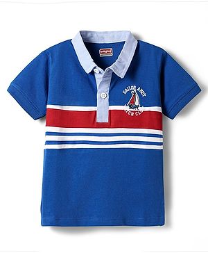 Babyhug Cotton Knit Half Sleeves Cut & Sew Polo T-Shirt With Yatch Club Embroidery - Blue