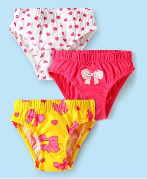 Babyhug 100% Cotton Single Jersey Knit Panties With Heart & Bow Print Pack Of 3 - Yellow Red & White