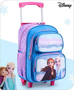 Babyhug Disney Frozen Sisters Trolley Backpack|2 Compartments, 2 Front Pockets, 2 side Bottle Pockets|Water Resistant|Long lasting & Durable Zippers|For School & Outdoors|Blue- 15.8 inches