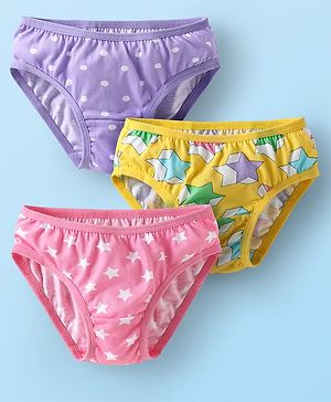 Babyhug 100% Cotton Single Jersey Knit Panties With Polka Dots & Star Print Pack Of 3 - Pink Purple & Yellow