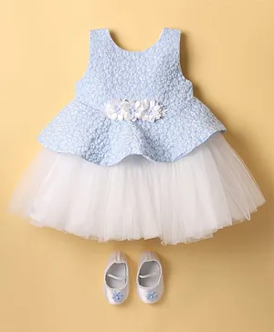 Bluebell Net Woven Sleeveless Textured Party
                      Frock & Booties with Floral Applique - Light
                      Blue