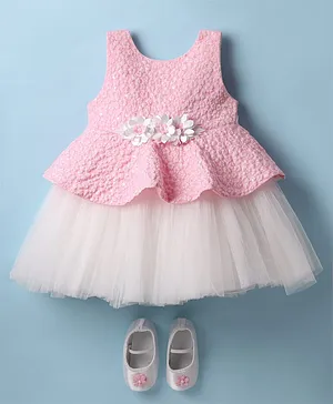 Bluebell Net Woven Sleeveless
                                  Textured Party Frock & Booties
                                  with Floral Applique - Pink
