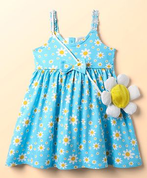 Babyhug Single Jersey Knit Sleeveless Floral Printed Frock with Sling Bag & Bow Applique - Light Blue