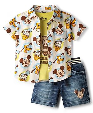 Babyhug Disney Single Jersey Knit Half Sleeves Shirt with Sleeveless Inner Tee & Denim Shorts Set with Mickey Mouse Graphics - Multicolor