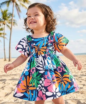 Babyhug Single Jersey Knit Half Balloon Sleeves Dress With Floral Print - Navy Blue