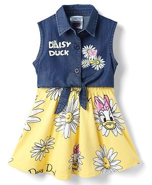 Babyhug Disney 100% Cotton Sleeveless Frock With Minnie Mouse Family Graphics - Yellow & Navy Blue