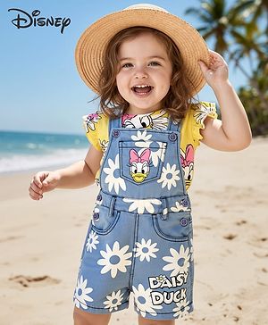 Babyhug Disney Single Jersey Knit Dungaree & Frill Sleeves Inner Tee With Minnie Mouse Family Graphics - Blue & Yellow