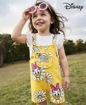 Babyhug Disney Single Jersey Knit
                              Frill Sleeves T-Shirt And Dungaree Set And
                              With Minnie Mouse Family Graphics - White
                              & Yellow