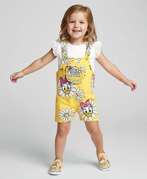 Babyhug Disney Single Jersey Knit  Frill Sleeves T-Shirt  And Dungaree Set And With Minnie Mouse Family Graphics - White & Yellow
