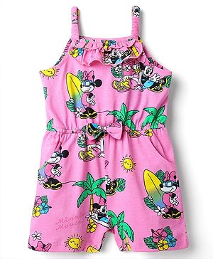 Babyhug Disney Single Jersey Knit Sleeveless Jumpsuit With Minnie Mouse Family Print - Pink