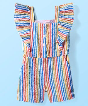 Babyhug Cotton Knit Frill Sleeves Striped Jumpsuit - Multicolor