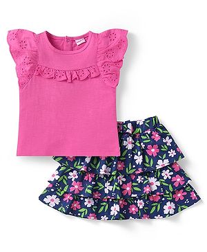 Babyhug Single Jersey Knit Frill Sleeves Top and Skirt  with Frill Detailing & Floral Print -  Navy Blue & Pink