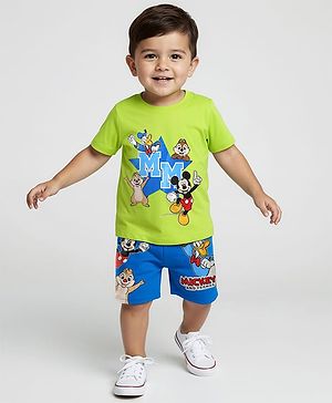 Babyhug Disney Single Jersey Knit Half Sleeves T-Shirt & Shorts Set With Mickey Mouse Family Graphics - Neon Green & Blue