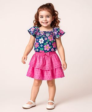 Babyhug Single Jersey Knit Half Sleeves Top & Schiffli Skirt Set With Floral Print - Navy Blue & Pink