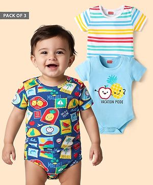 Babyhug Interlock Knit Half Sleeves Onesies with Stripes & Tropical Print Pack of 3 - Navy Blue & Light Blue