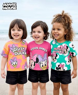 Babyhug Disney Single Jersey Knit Half Sleeves Oversized T-Shirts with Minnie Mouse Family Graphics Pack of 3 - Orange Pink & Mint